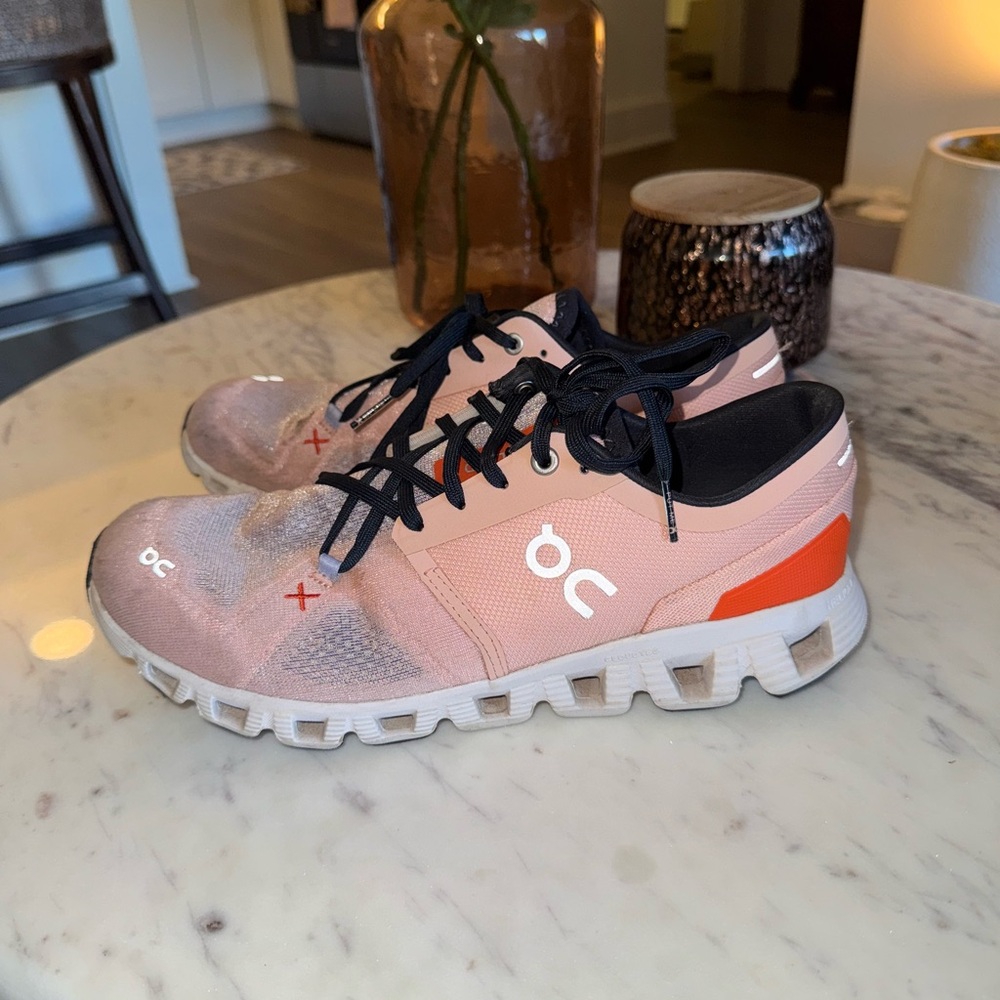 On Running Peach and Orange Athletic Shoes